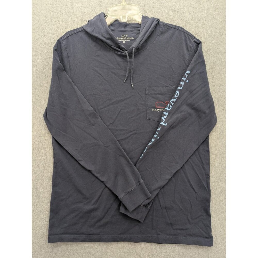 Vineyard Vines Hooded Shirt Mens Medium Navy Blue Long Sleeve Pocket Whale Logo